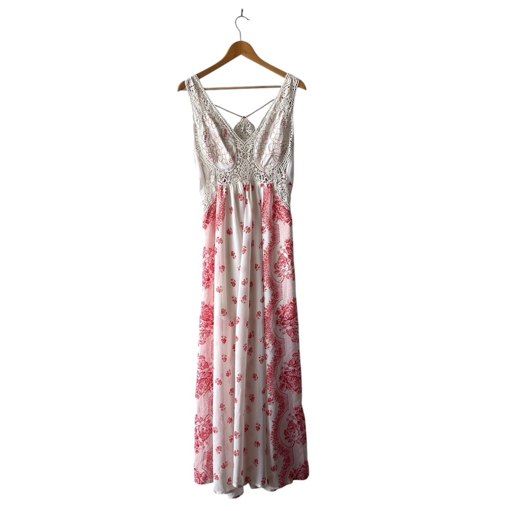 Free People Victorian Love Magnolia Cream Red Floral Crochet Maxi Dress 8